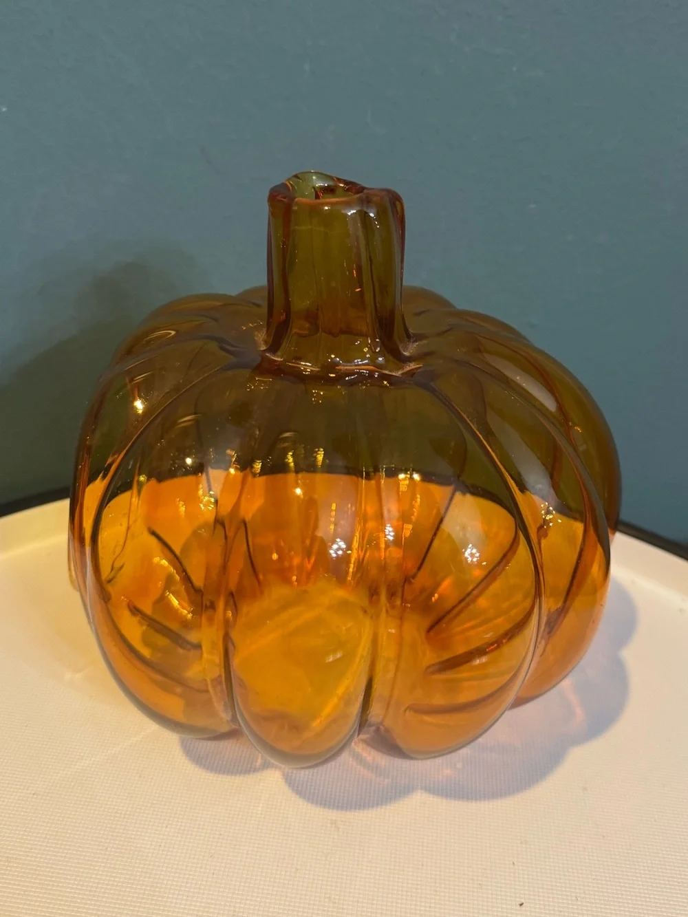 Orange Amber Glass Pumpkin Candle Holder with Stem Chimney 6.5” tall